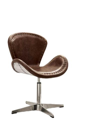 25" Brown and Silver Faux Leather Distressed Swivel Arm Chair