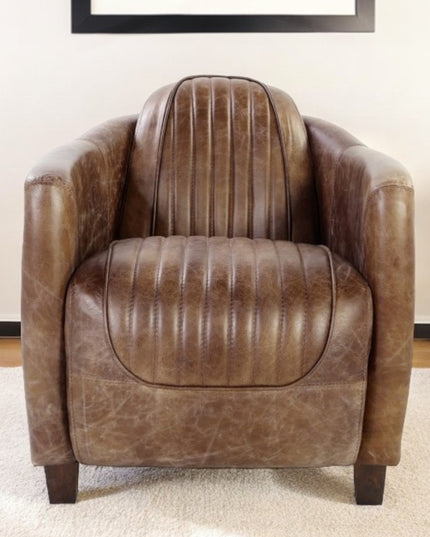 29" Brown Faux Leather Distressed Barrel Chair