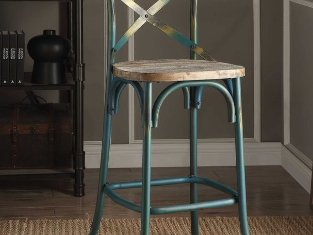 21" Brown And Turquoise Solid Wood And Metal Bar Chair
