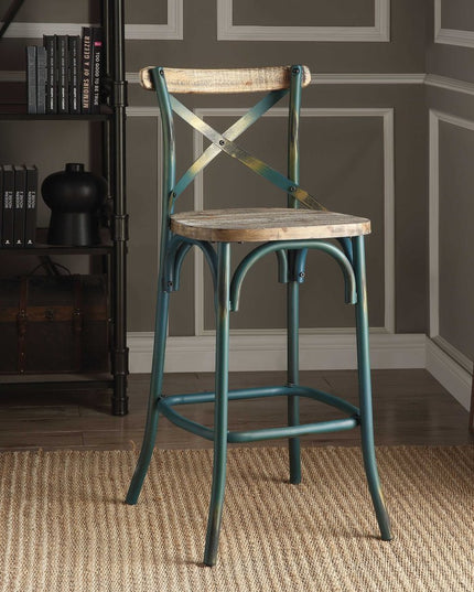21" Brown And Turquoise Solid Wood And Metal Bar Chair