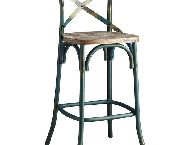21" Brown And Turquoise Solid Wood And Metal Bar Chair