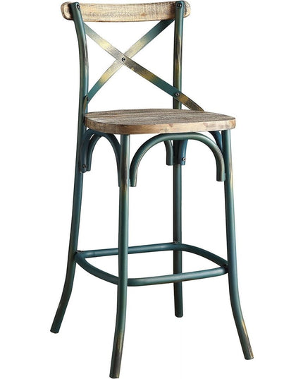 21" Brown And Turquoise Solid Wood And Metal Bar Chair