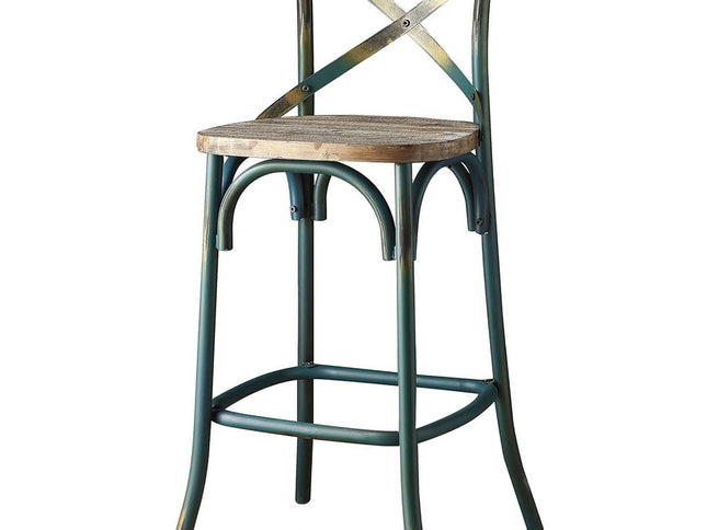21" Brown And Turquoise Solid Wood And Metal Bar Chair
