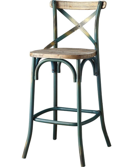 21" Brown And Turquoise Solid Wood And Metal Bar Chair