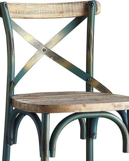 21" Brown And Turquoise Solid Wood And Metal Bar Chair