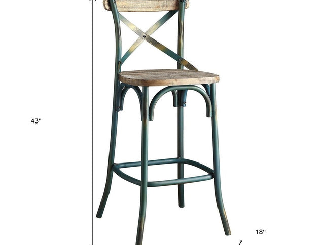 21" Brown And Turquoise Solid Wood And Metal Bar Chair
