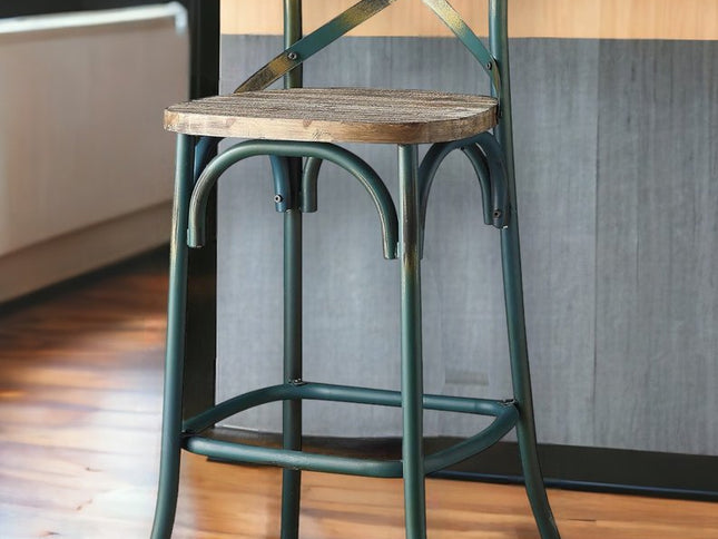 21" Brown And Turquoise Solid Wood And Metal Bar Chair