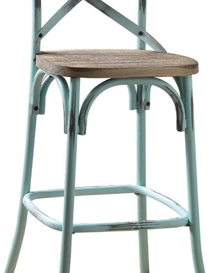 21" Brown And Turquoise Solid Wood And Metal Bar Chair