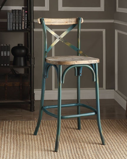 21" Brown And Turquoise Solid Wood And Metal Bar Chair