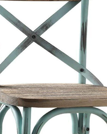 21" Brown And Turquoise Solid Wood And Metal Bar Chair