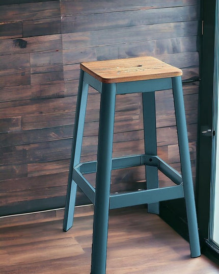 30" Wood Brown And Green Solid Wood And Metal Counter Height Bar Chair