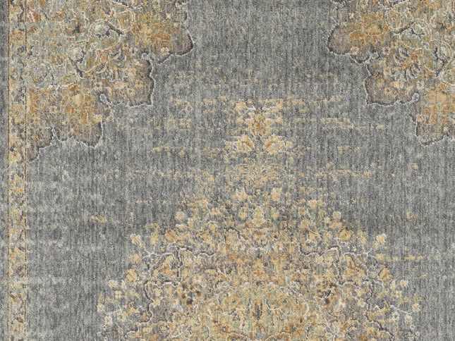 9' X 13' Slate Gray And Orange Wool Medallion Area Rug