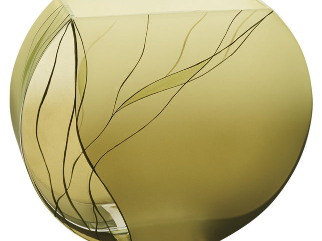 9" Green Round Crystal Glass Table Vase With Sculptural Details