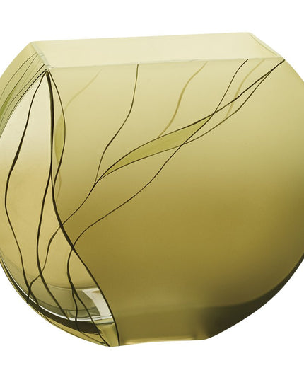 9" Green Round Crystal Glass Table Vase With Sculptural Details