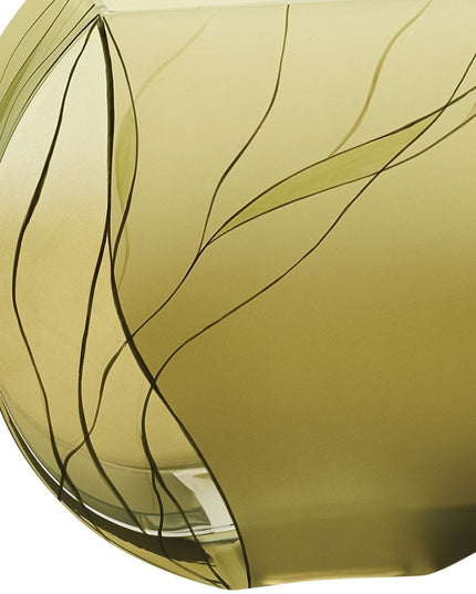 9" Green Round Crystal Glass Table Vase With Sculptural Details