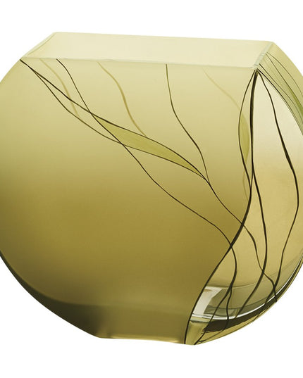 9" Green Round Crystal Glass Table Vase With Sculptural Details