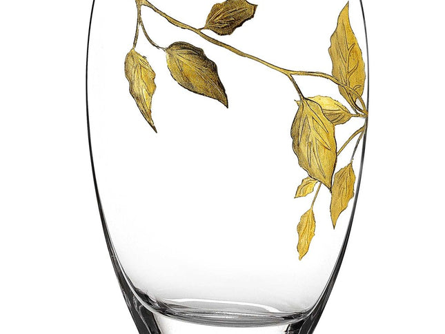 12" Clear And Gold Leaves Oval Crystal Glass Table Vase