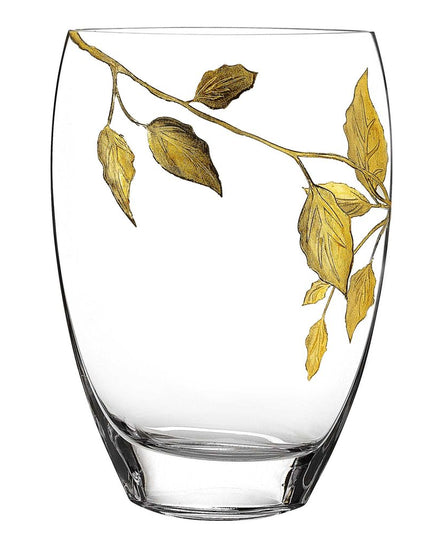 12" Clear And Gold Leaves Oval Crystal Glass Table Vase