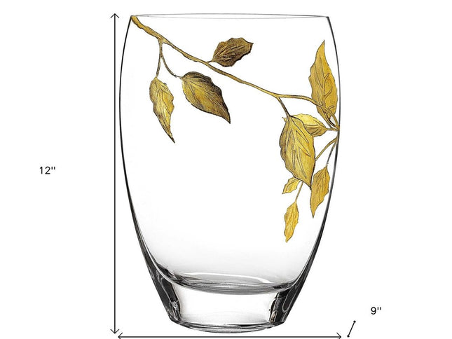 12" Clear And Gold Leaves Oval Crystal Glass Table Vase