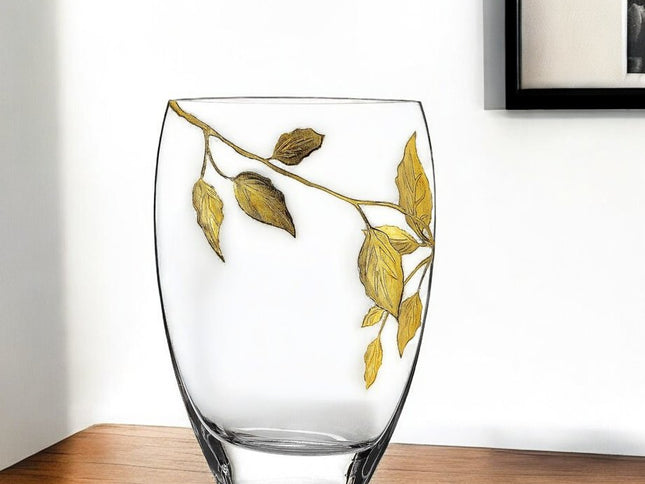 12" Clear And Gold Leaves Oval Crystal Glass Table Vase