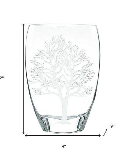 12" Clear And White Tree Of Life Oval Lead Free Crystal Table Vase