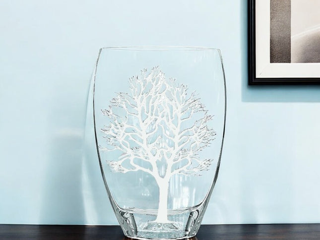 12" Clear And White Tree Of Life Oval Lead Free Crystal Table Vase