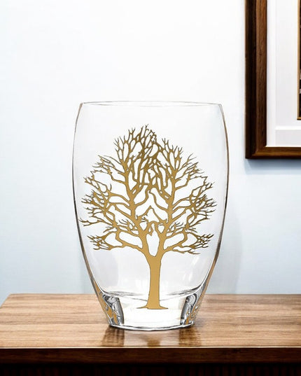 12" Clear And White Tree Of Life Oval Lead Free Crystal Table Vase