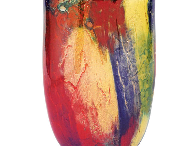 11"  Red Purple And Yellow Abstract Oval Murano Glass Table Vase
