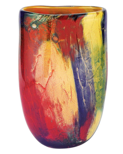 11"  Red Purple And Yellow Abstract Oval Murano Glass Table Vase