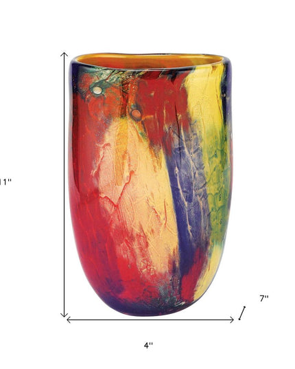 11"  Red Purple And Yellow Abstract Oval Murano Glass Table Vase