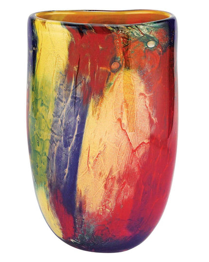 11"  Red Purple And Yellow Abstract Oval Murano Glass Table Vase