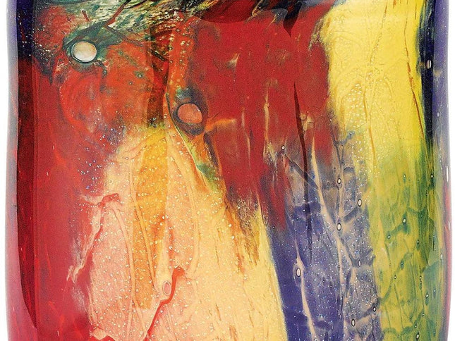 11"  Red Purple And Yellow Abstract Oval Murano Glass Table Vase