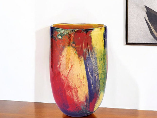 11"  Red Purple And Yellow Abstract Oval Murano Glass Table Vase