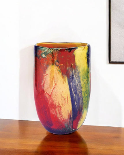 11"  Red Purple And Yellow Abstract Oval Murano Glass Table Vase