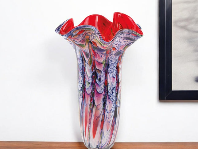 17" Blue Red And White Abstract Wavy Murano Glass Table Vase