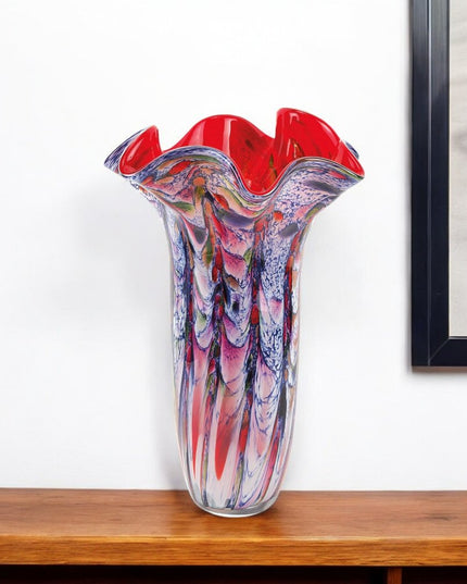 17" Blue Red And White Abstract Wavy Murano Glass Table Vase
