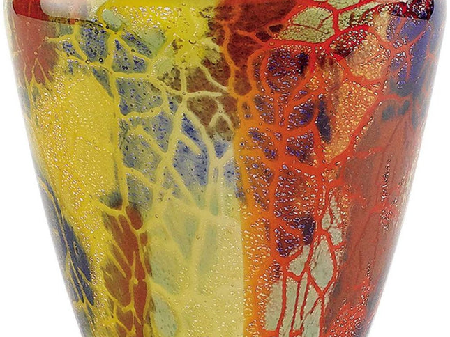 8" Orange Red and Yellow Murano Glass Abstract Oval Table Vase