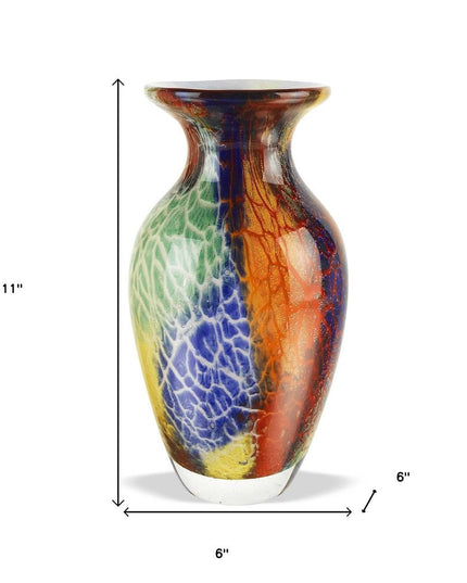 11" Blue Green And Orange Urn Murano Glass Table Vase
