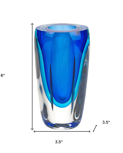 6" Blue And Clear Cylinder Crystal Glass Table Vase