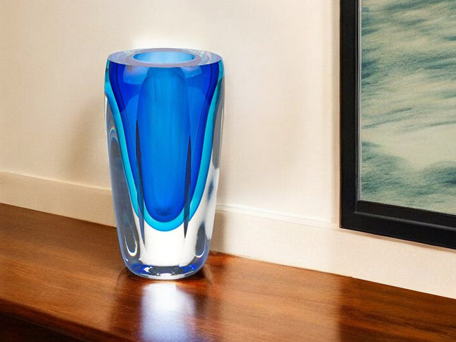 6" Blue And Clear Cylinder Crystal Glass Table Vase