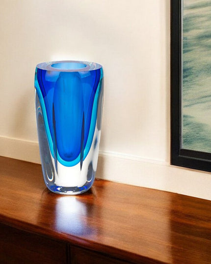 6" Blue And Clear Cylinder Crystal Glass Table Vase