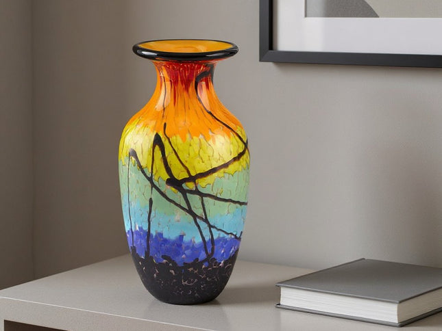 11" Black Blue Red And Yellow Abstract Urn Handblown Glass Table Vase