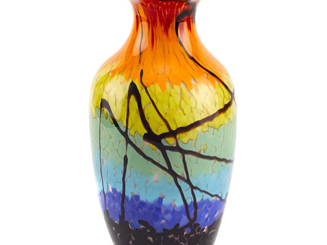 11" Black Blue Red And Yellow Abstract Urn Handblown Glass Table Vase