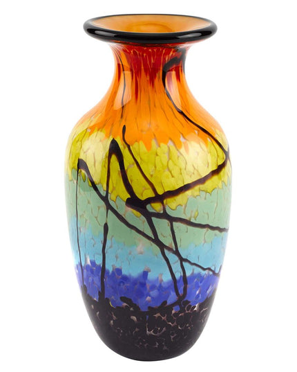 11" Black Blue Red And Yellow Abstract Urn Handblown Glass Table Vase