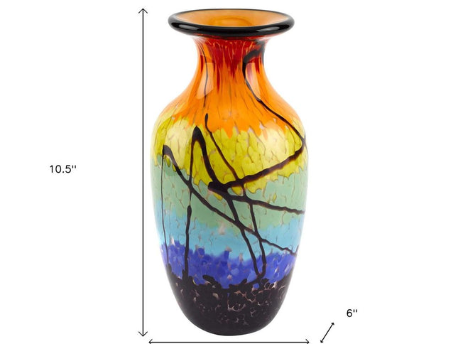 11" Black Blue Red And Yellow Abstract Urn Handblown Glass Table Vase
