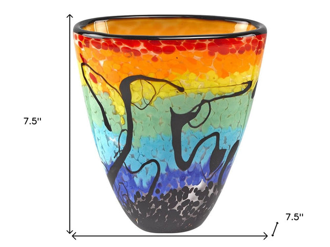 8" Red Orange Blue And Black Blue Abstract Oval Murano Glass Table Vase