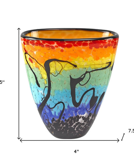 8" Red Orange Blue And Black Blue Abstract Oval Murano Glass Table Vase