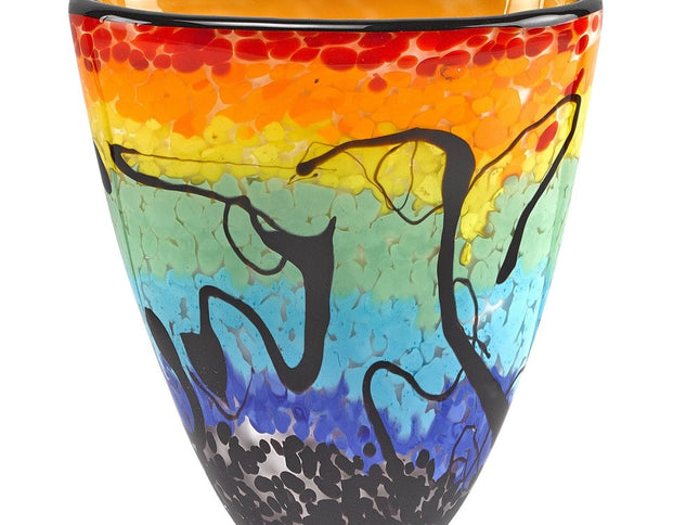 8" Red Orange Blue And Black Blue Abstract Oval Murano Glass Table Vase