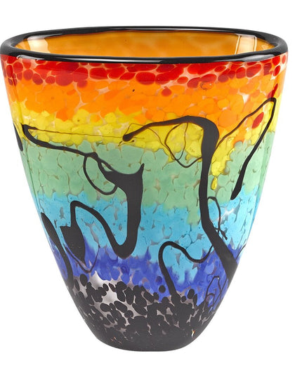 8" Red Orange Blue And Black Blue Abstract Oval Murano Glass Table Vase