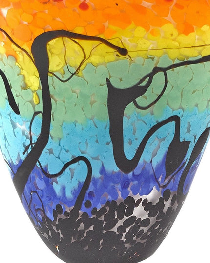 8" Red Orange Blue And Black Blue Abstract Oval Murano Glass Table Vase